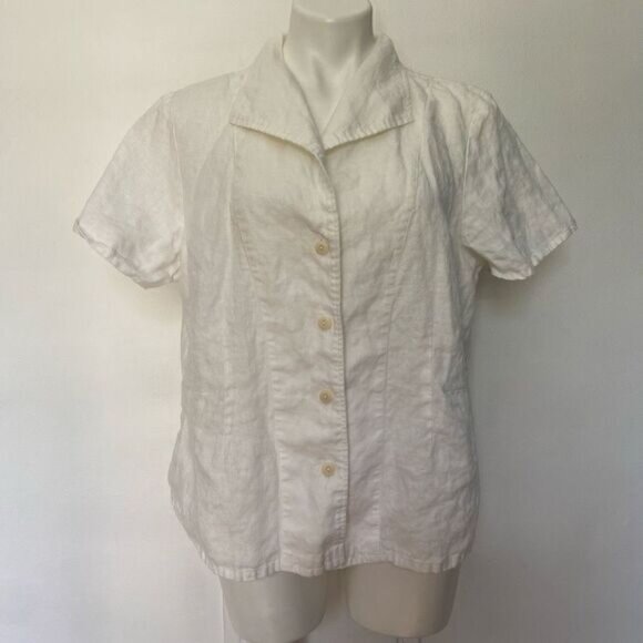Flax 100% Linen ivory boxy button down short sleeve top - Picture 1 of 7